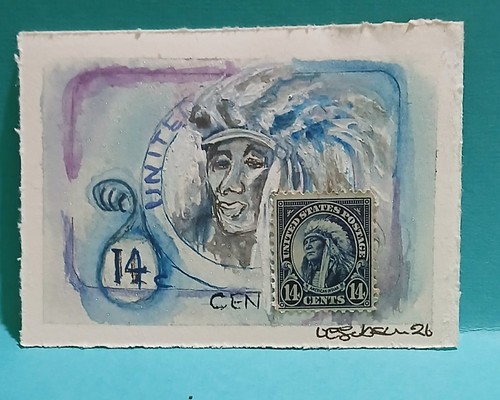 Postal Whimsy OOAK American Indian 14¢ Stamp ACEO – Vintage Portrait Miniature