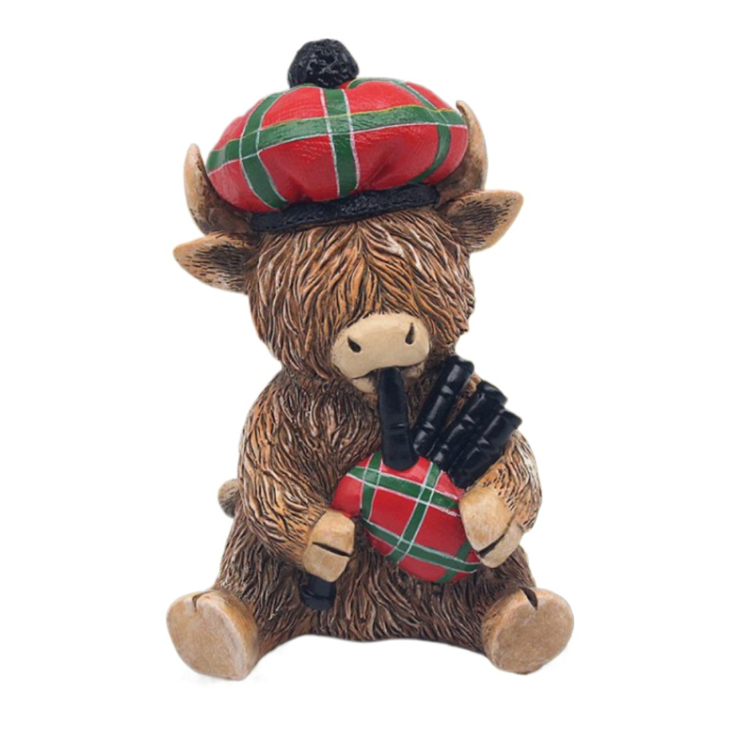 Highland Cow Piper Figurine Scottish Bagpiper Tartan Ornament Coo Gift Idea
