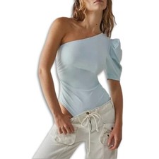 Free People Bodysuit Puff Sleeves One Shoulder Stretch Comfortable Blue W L NWOT