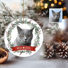 Grey Cat Xmas Photo Ornament   Personalized Christmas Decor