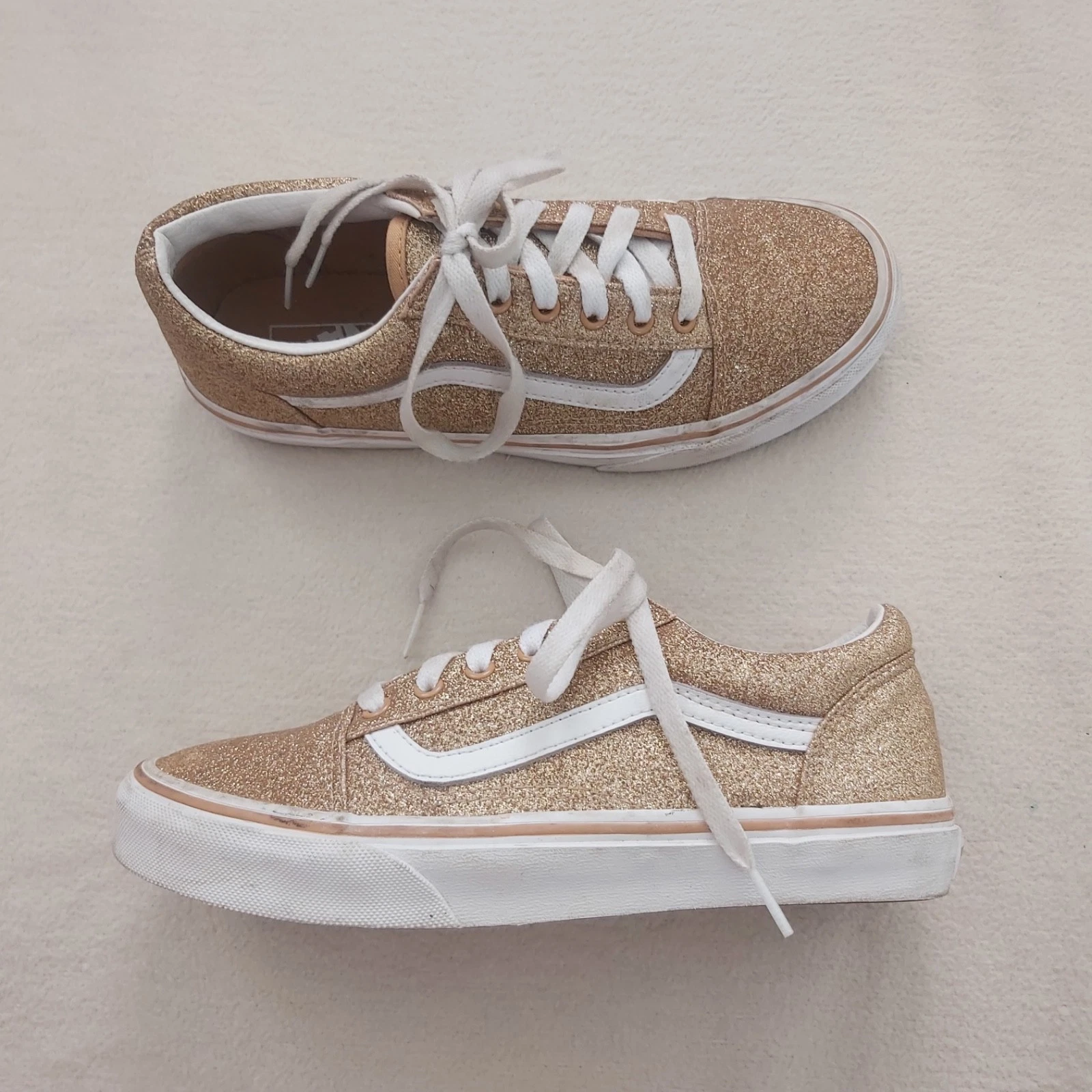 Vans scarpe da ginnastica glitter oro lacci bianchi + finiture ottime condizioni US junior 5 5 UK 4 5 EU 37