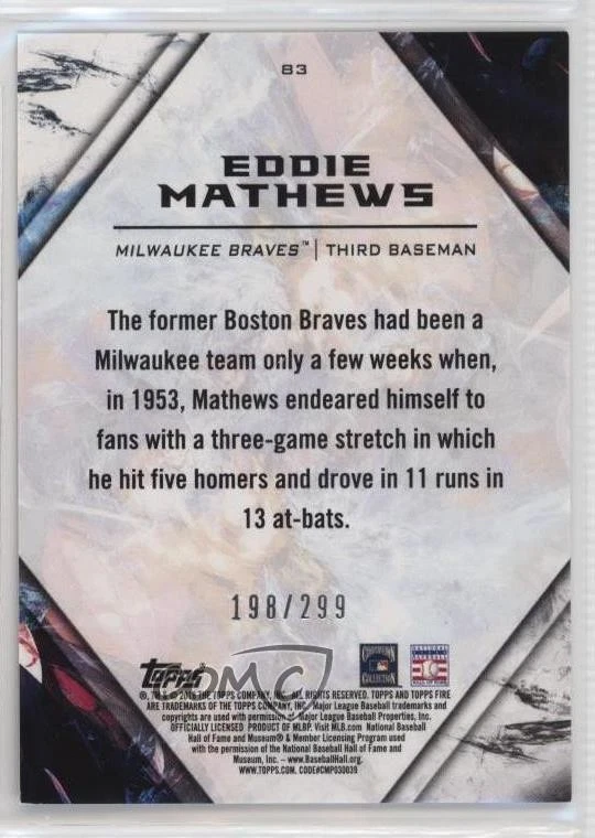 2018 Topps Fire Orange /299 Eddie Mathews #83 HOF - Image 2 of 2