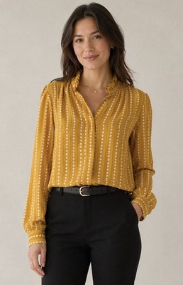 Ann Taylor Mustard White Dotted Stripe Ruffle Collar Blouse Large