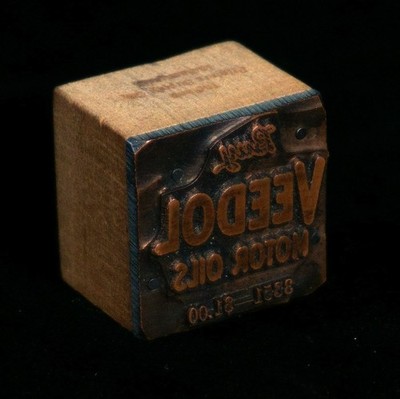 Vintage ''Buy Veedol Motor Oils'' Copper & Wood Letterpress Print Block (G3C)