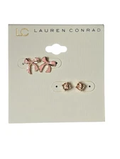 LC Lauren Conrad Women's Bow Pink Enamel Stud Earrings Set NWT