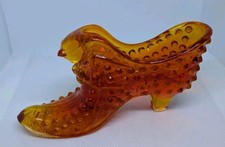 Vintage Two Tone Amber Fenton Art Glass Hobnail Cat Head Slipper Shoe 6"