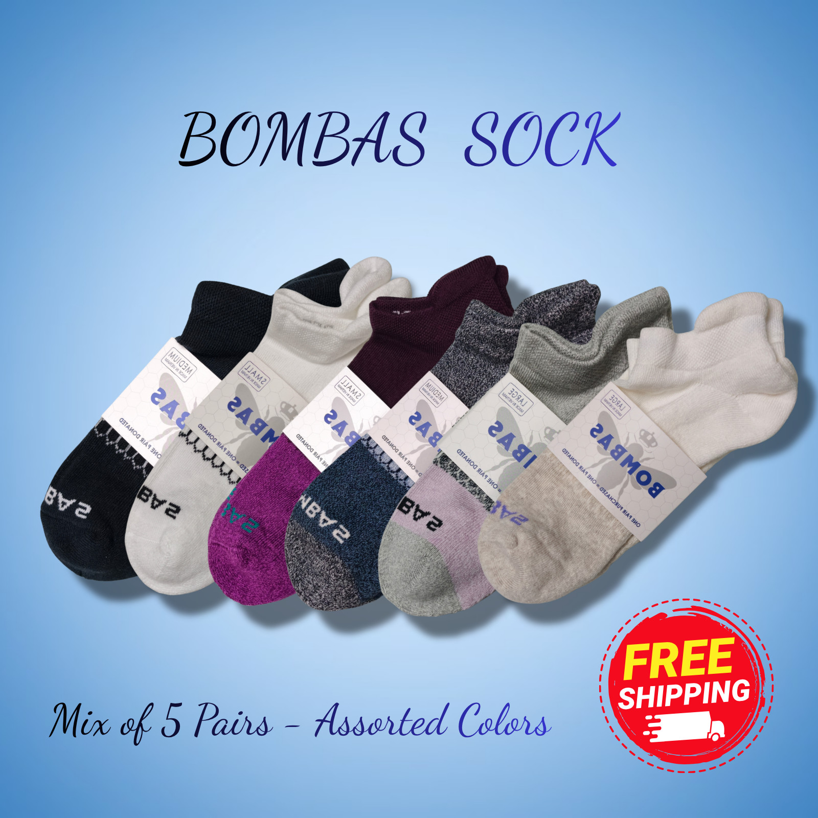 Bombas Women's Premium Tri-Block Socks 5 Pairs/Pack Mixed Colors size S/ M/ L