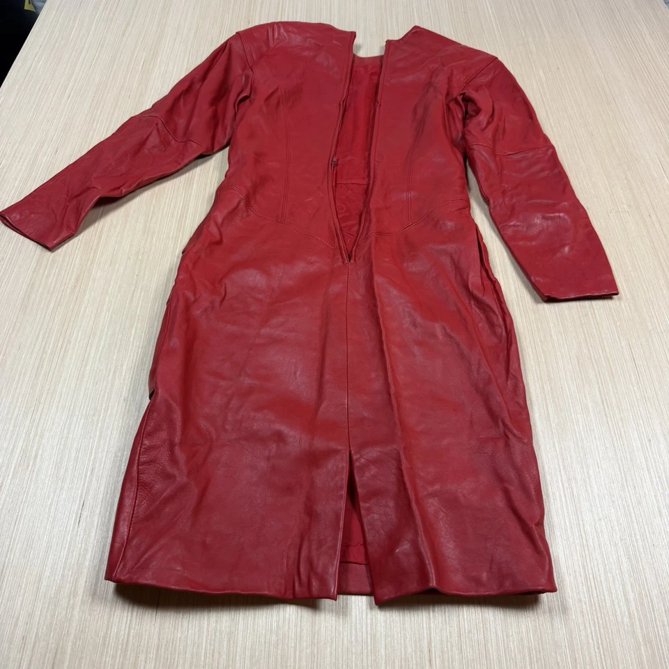 Vintage 80s Leather Dress Women 5/6 Red Lambskin Midi Sexy Sheath Event Luxury - Image 3 of 4