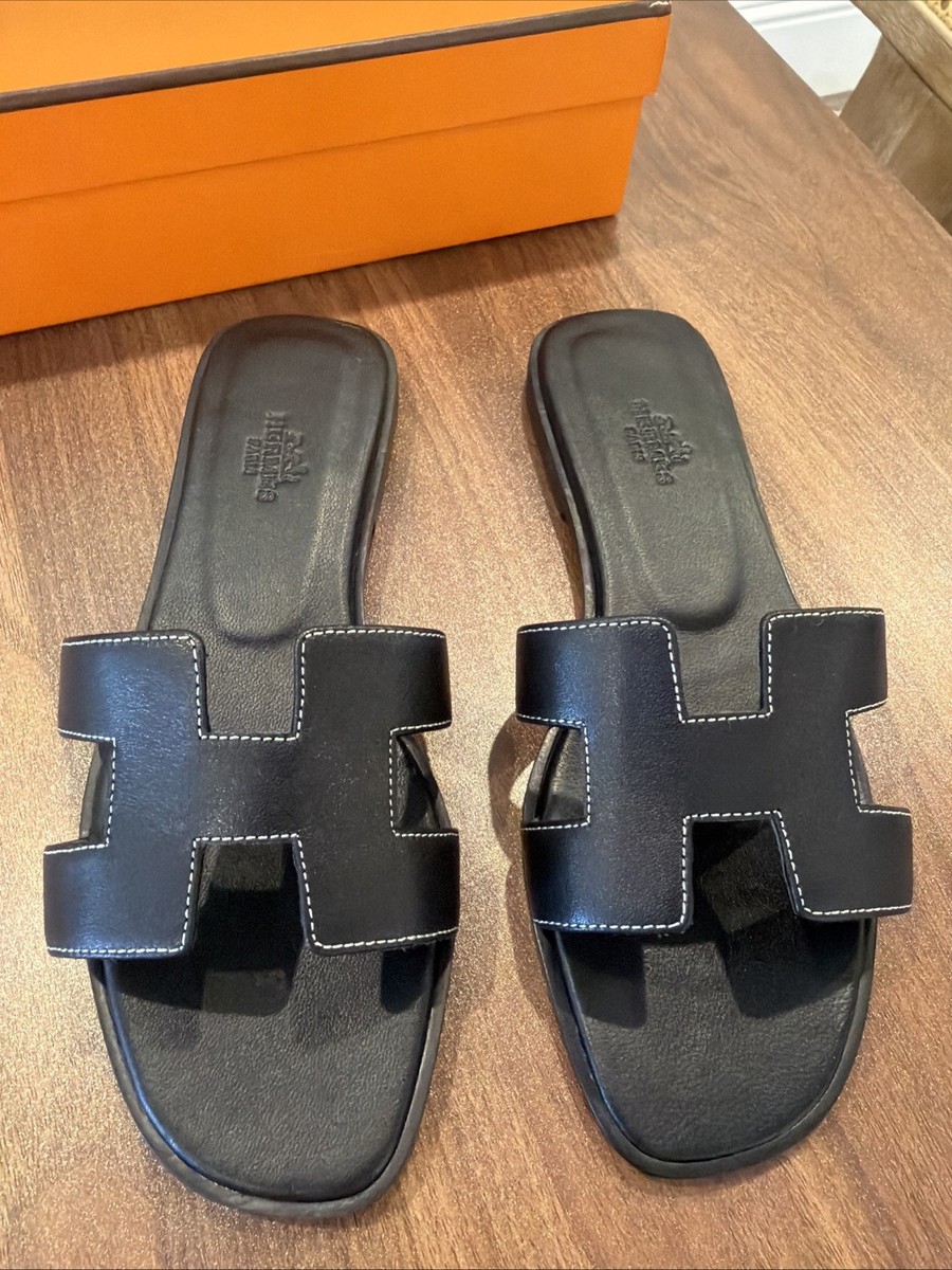 HERMES ブラック レザー ミュール 37.5 HERMES Oran Sandals Black Box Calfskin Leather 37 | eBay