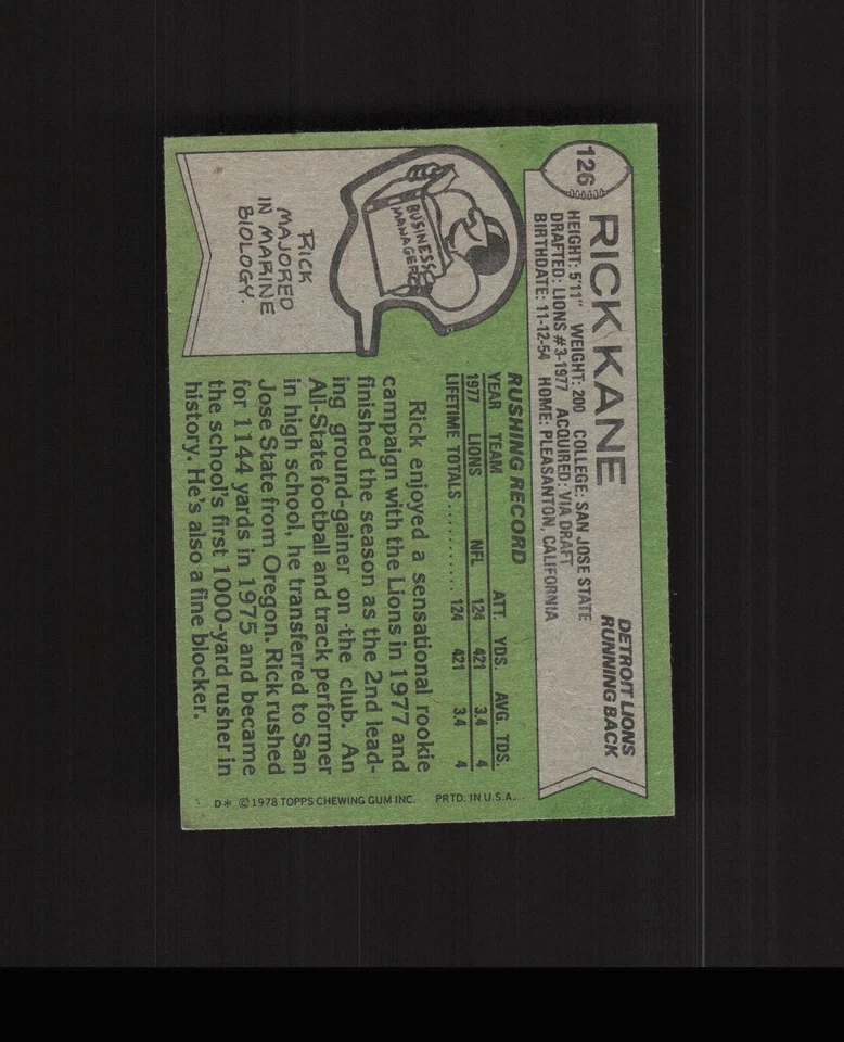 1978 Topps #126 Rick Kane Football Card Detroit Lions - Image 2 of 2
