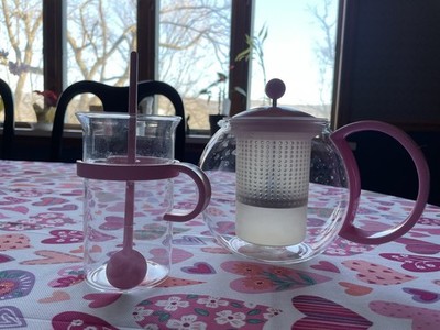 Bodum Pink Assam Set Tea Press  With glass mug 1 spoon