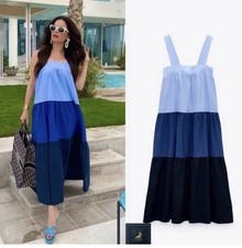 ZARA NEW WOMAN MIDI STRAPPY POPLIN PANELLED DRESS BLUE Size S 9878/110