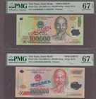 Vietnam Lot of 2 Polymer Specimen Banknotes P-122s,123s  PMG 67,67 EPQ