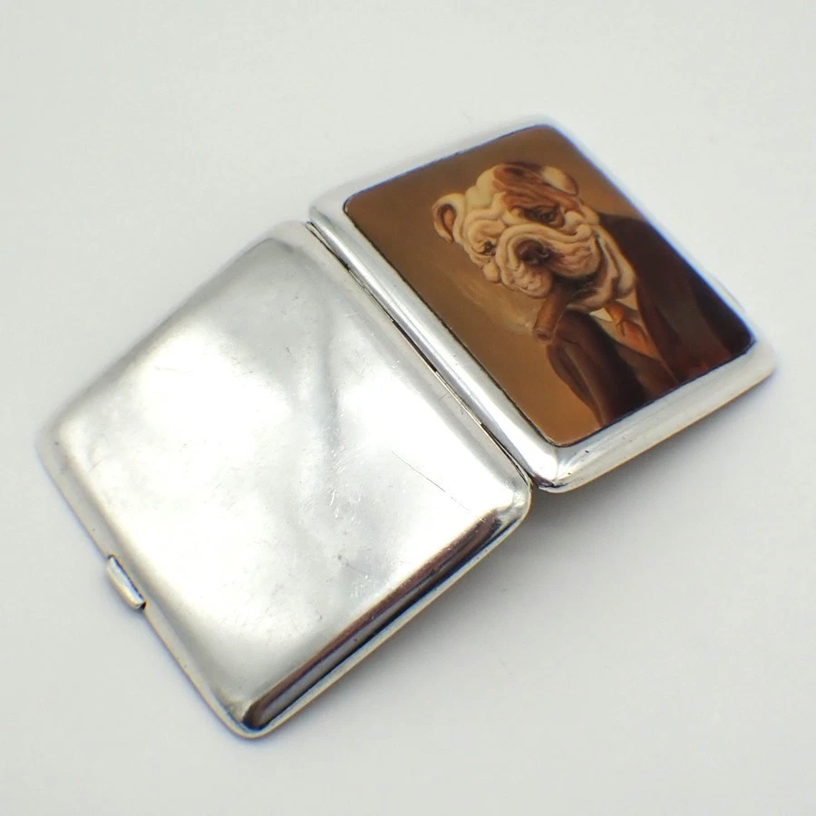 香烟盒珐琅斗牛犬装饰英国纯银 1902 — 第 3/4 张图片