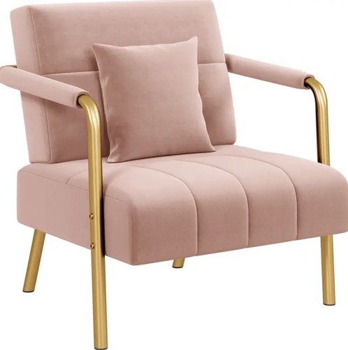 1pc Accent Chair 75.5cm Velvet Upholstered Bedroom Gold Metal Frame Cosy Pillow - Picture 5 of 5