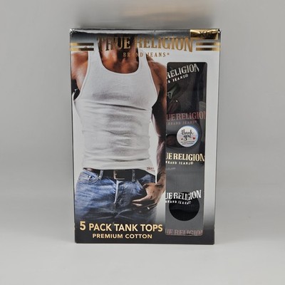 TRUE RELIGION 5 Pack Men's XLarge Black Premium Cotton Logo Ribbed Tanks