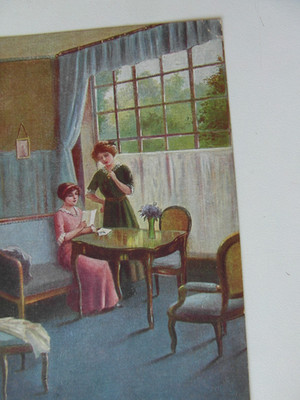 Postcard 2 women, room, letter, flowers, furniture, windows etc. used 17.jun.16