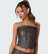 Edikted Faux Leather Corset Top Women  s Small Strapless Lace Up Moto Bustier