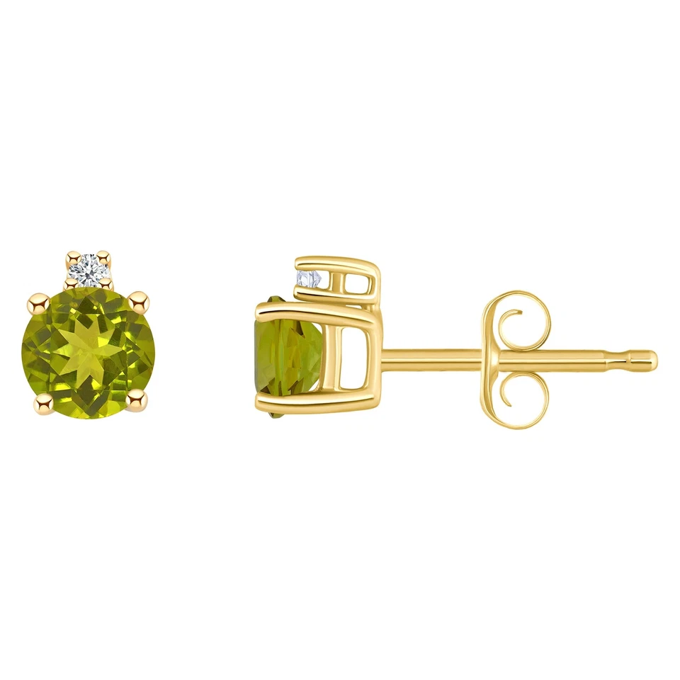 14K Yellow Gold 4mm Round Genuine Natural Peridot Diamond Accent Stud Earrings - Image 2 of 4