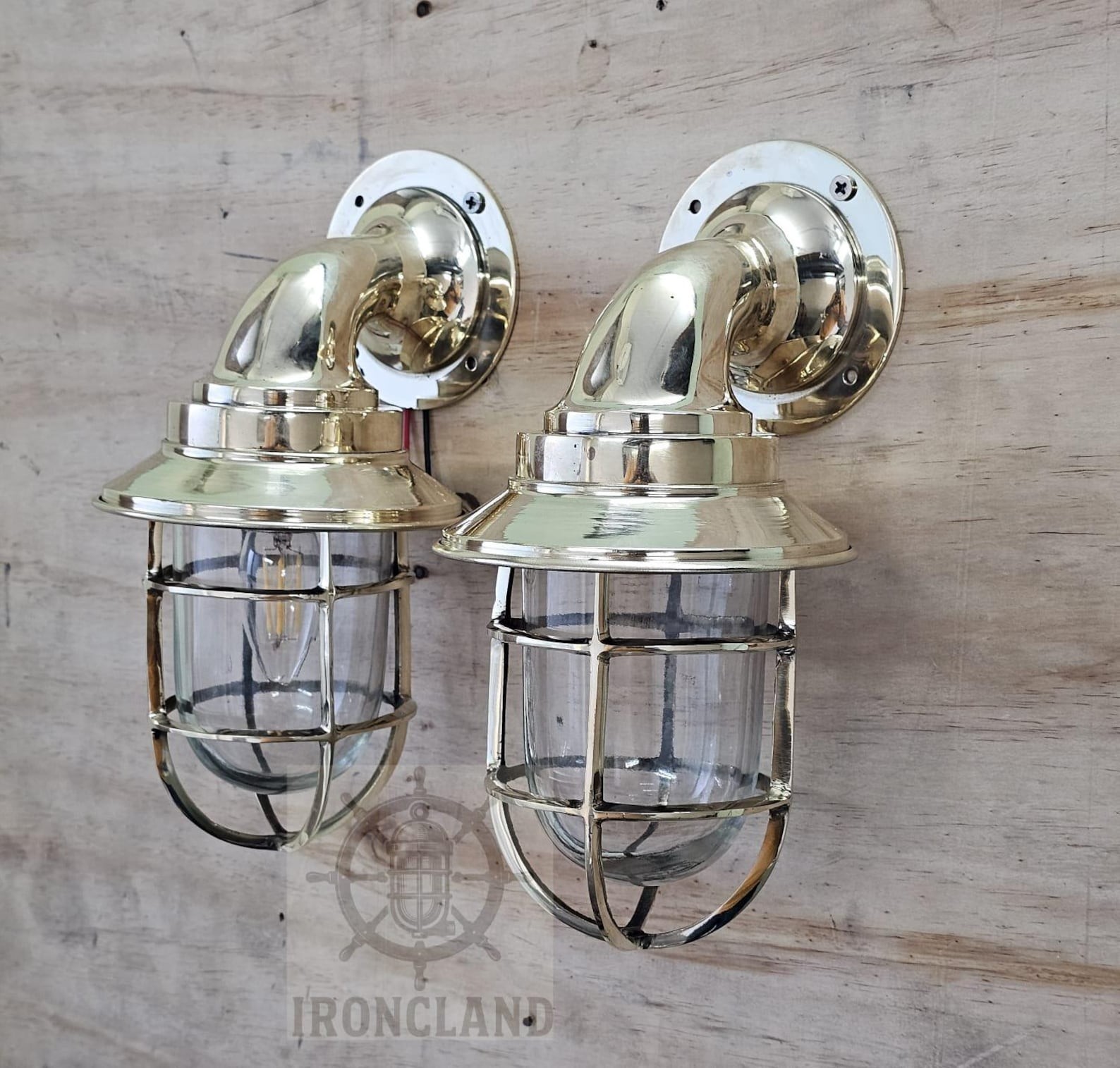Industrial Vintage Solid Brass Cage Antique Bulkhead Wall Sconce Light Set of 2