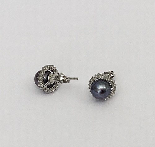 Solid 14K White Gold Black Cultured Pearl & Diamonds Stud Earrings NEW - Picture 5 of 8