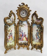 c.1890's VIENNESE 4 1/2" PORCELAIN & BRONZE 3 PANEL SCREEN WITH CLOCK