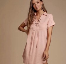 Lulus Best of All Blush Pink Short Sleeve Lace Up Dress Size Small Sheath Shirt