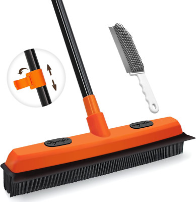 Rubber Broom Carpet Rake - Pet Hair Remover with Squeegee, 54'' Telescopic Handle