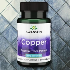 Swanson Copper Essential Trace Mineral, Organ & Tissue Health, 2 mg (300 Tabs)