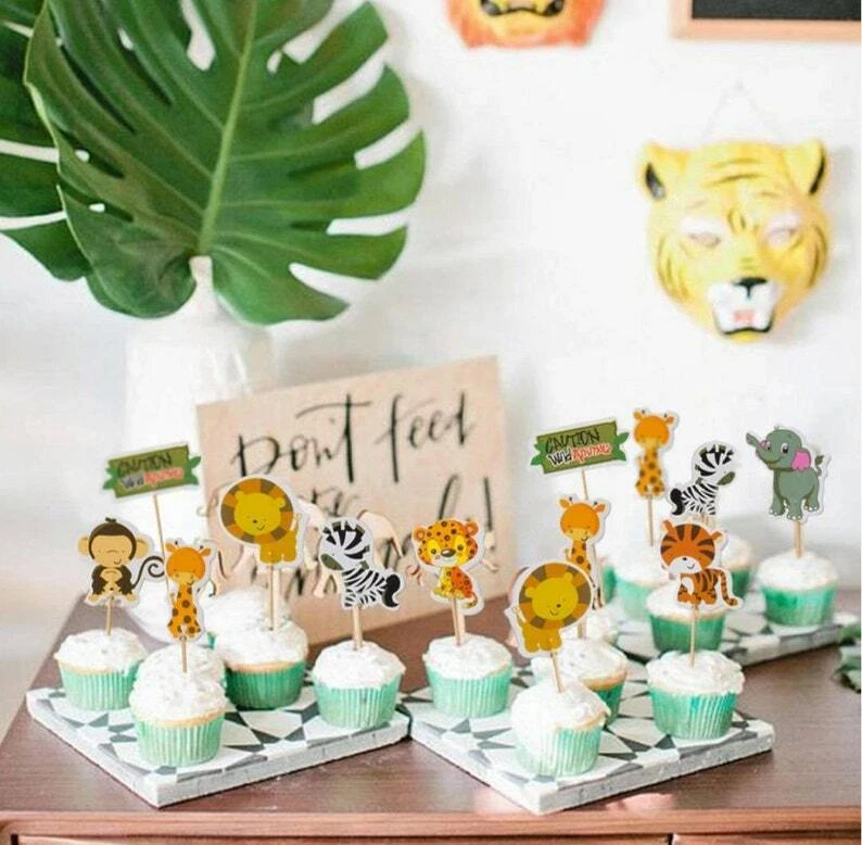Toppers para cupcakes Safari Jungle Animal 24 piezas para cumpleaños baby shower revelación de género Foto 3 de 4