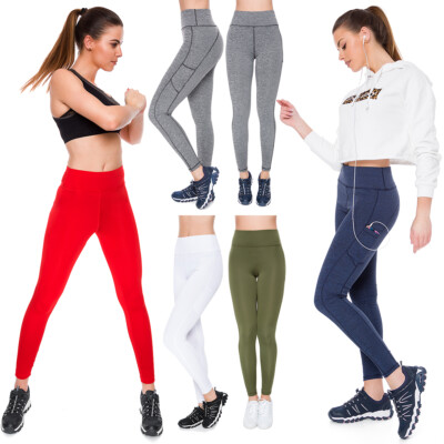 Womens Sports High Waisted Solid Leggings Yoga Gym Stretchy Pants Pockets PS01