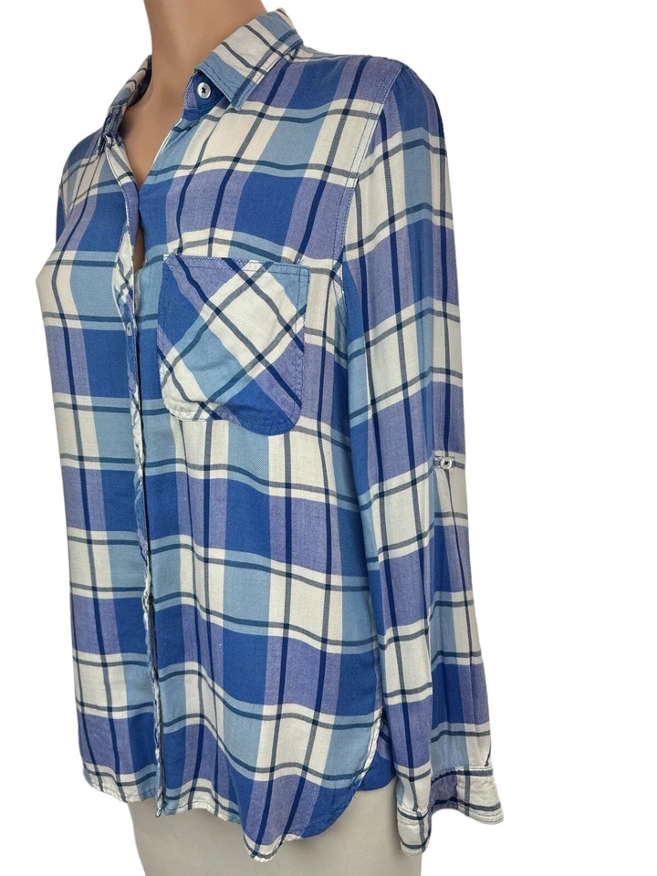 Kenneth Cole Reaction Women Blouse Sz M Blue & White Plaid Button-Up Long Sleeve - Image 3 of 4