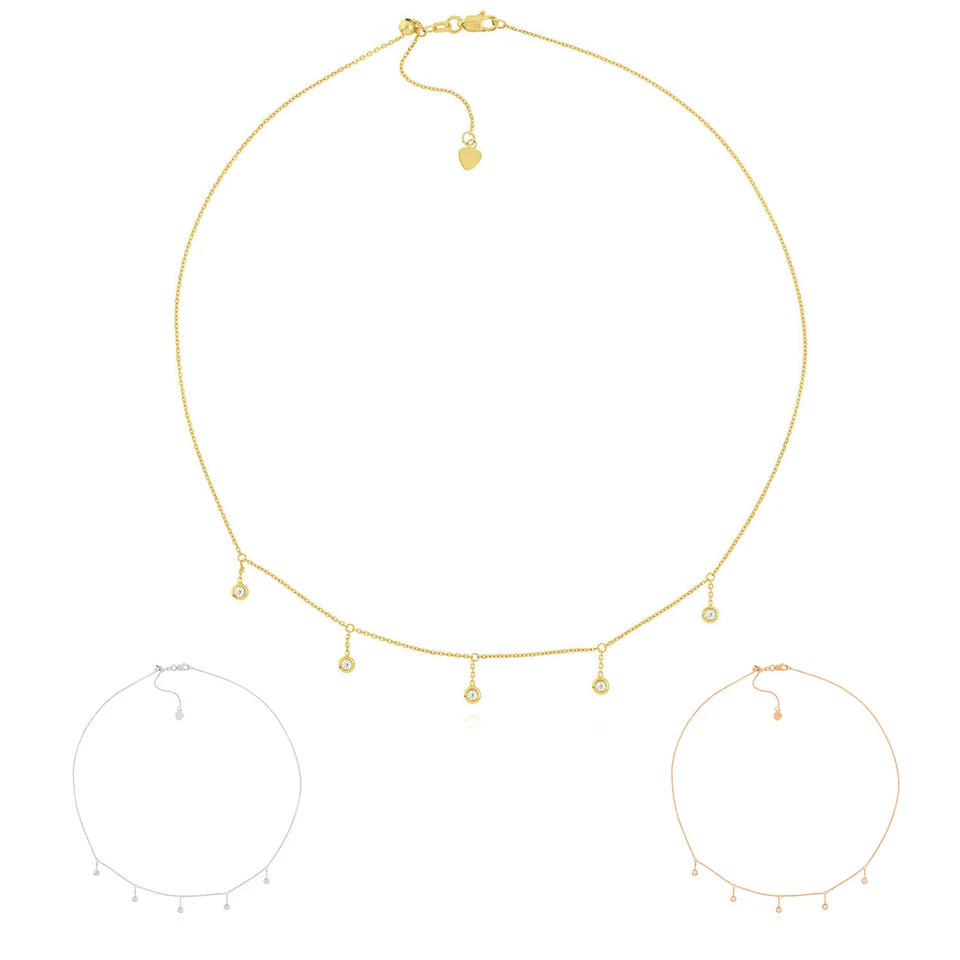 Natural Diamond 14K Yellow Gold Bezel Drops Choker Necklace (Hollow) 15"-17" - Image 2 of 4