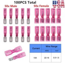 100PCS 22-16AWG Waterproof Heat Shrink Male Female Spade Terminal Wire Connector