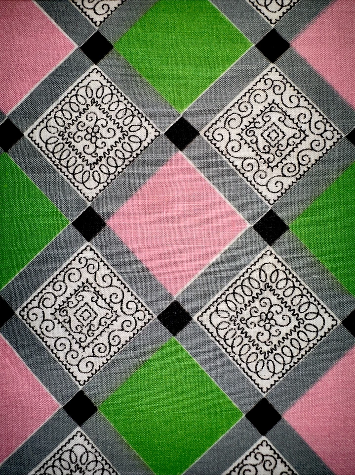Vtg Checked/Plaid Cotton Fabric W36”xL5.6Yds Black Pink Green & Design Squares - Image 2 of 4