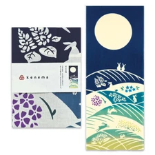Japanese Cotton Tenugui Tapestry Hand Towel Bento Cloth Moon Rabbits 35" x 13.5"