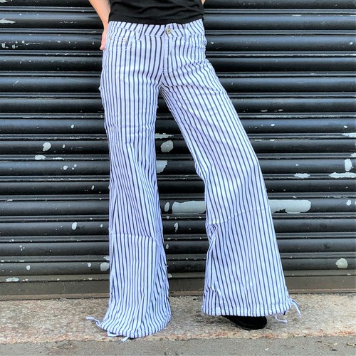 White Striped Wide Flared Pants Cotton 