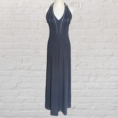 Vintage 70s Black Halter Maxi Dress With Gem Accents Party dress Formal Dress