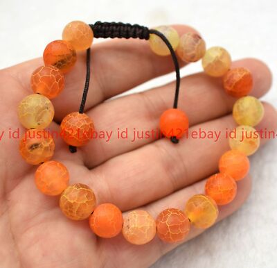Natural 10mm Orange Matte Dream Fire Venis Agate Round Gem Braided Bracelet 7.5''