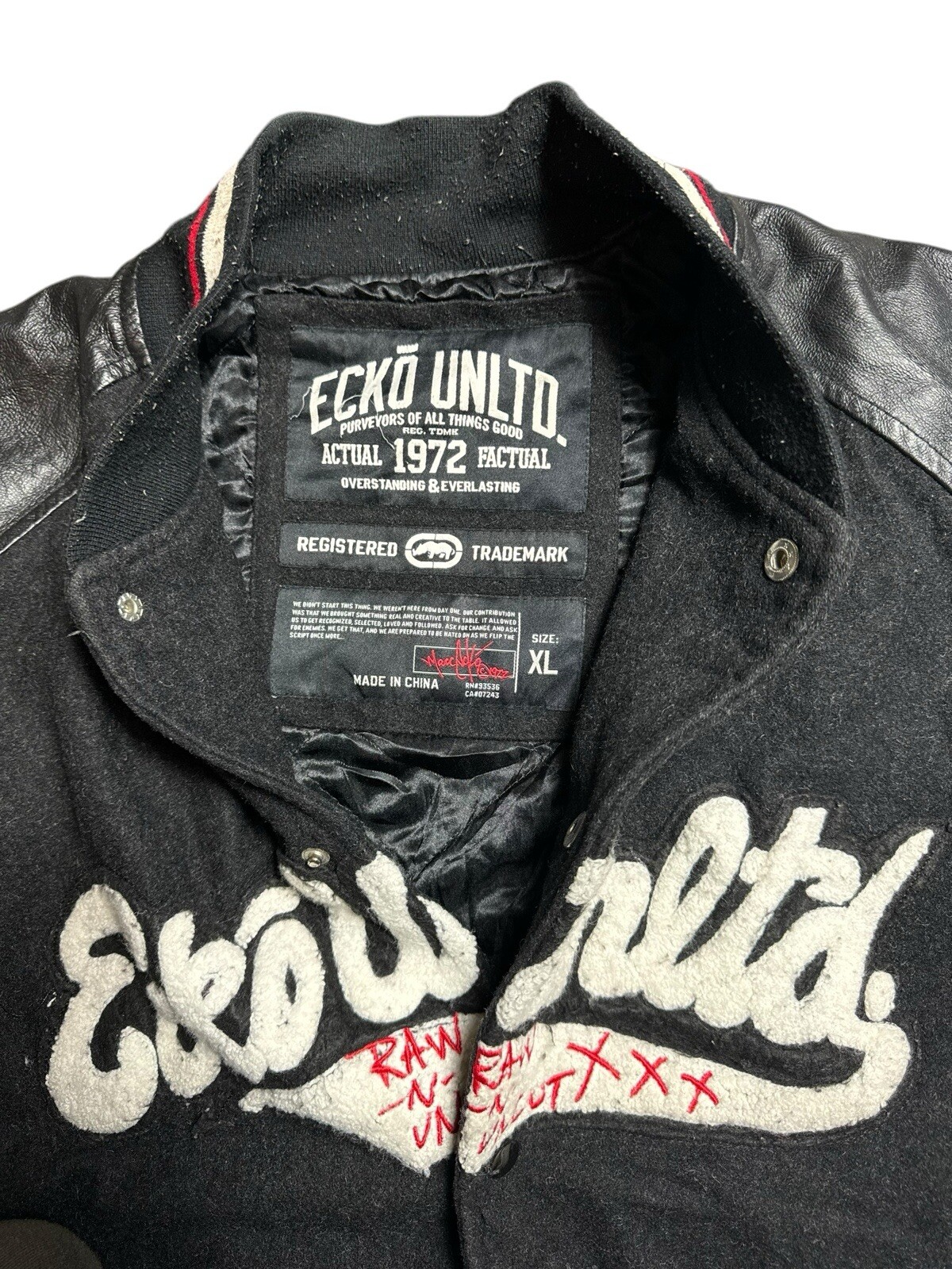 Ecko Unltd Black Varsity Bomber Jacket Raw N Uncut Wool & Leather Size XL image 3