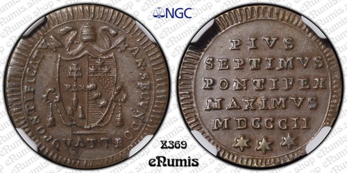 PAPAL STATES, VATICAN, Pius VII, Quattrino 1802 R, Top Pop, NGC AU 58 BN - Picture 2 of 8