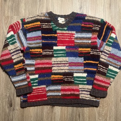 1990s J. Crew Rare Patchwork Colour Block Squares Vintage Knit Sweater Jcrew M