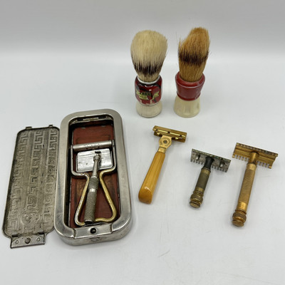 Lot Of 4 1920/30 Safety Razors Gillette Schick Rolls Razor & 2 Shaving Brushes/c