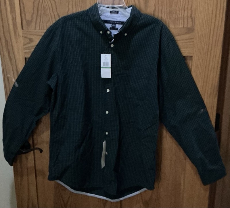 TOMMY HILFIGER NAVY/GREEN CHECK BUTTON-DOWN SHIRT, LONG SLEEVE SIZE LARGE NWT
