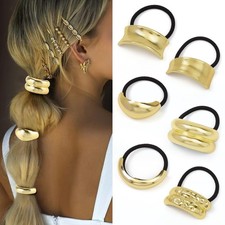 Gold Metal Hair Tie Cuff Accessory Elastic Band Thick Thin Hair Ponytail