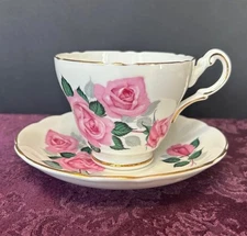 VINTAGE REGENCY TEA CUP SAUCER PINK ROSES BONE CHINA ENGLAND SCALLOPED EDGES