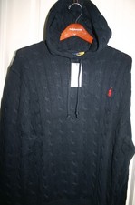 NWT Beautiful Iconic Cable Knit Navy Blue Hooded Cotton Ralph Lauren Sweater XL