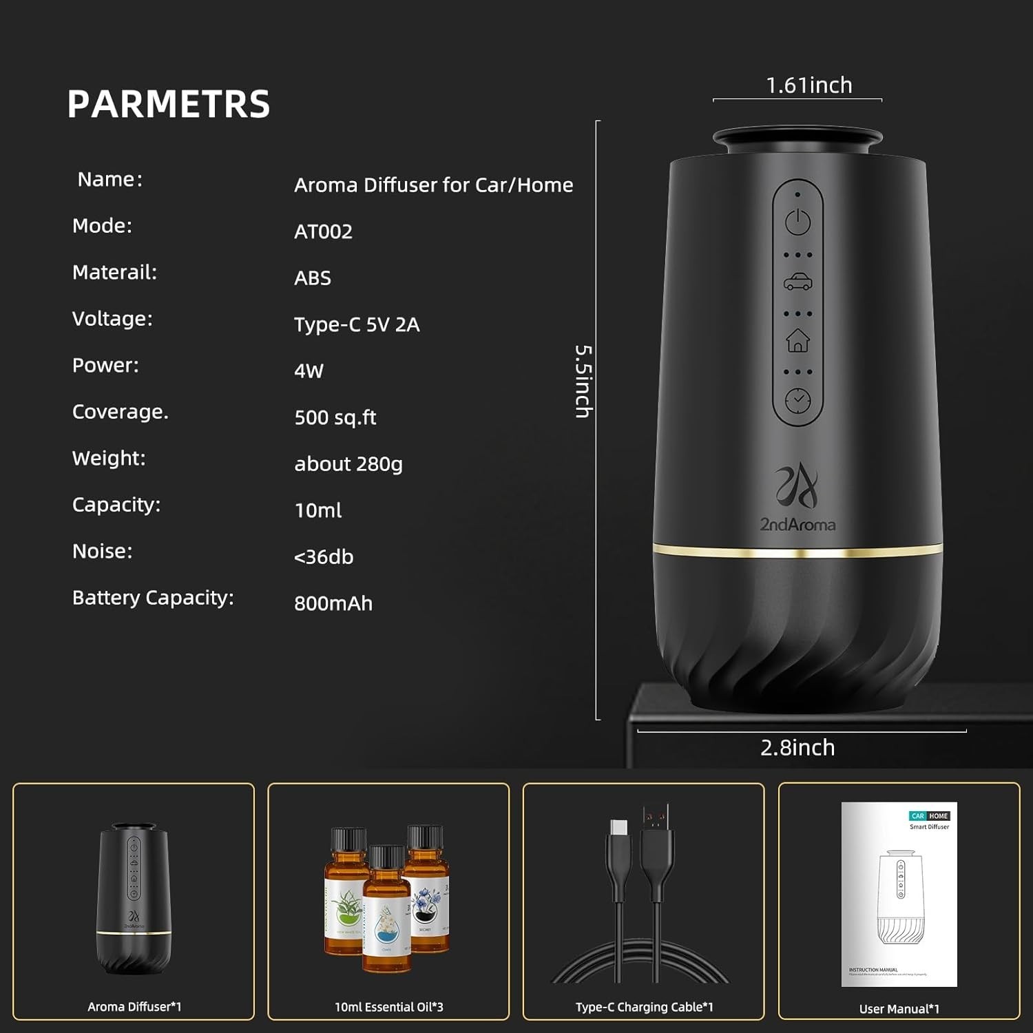 Car Diffuser, Waterless Diffuser for Essential Oils with 3 Mist Levels, Porta...