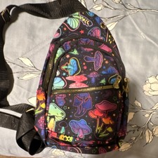 Colorful Mushroom Print Sling Crossbody Bag - Zip Lined Pockets Gold Adjustable
