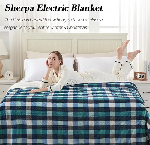 84" x 90" Heated Electric Blanket QUEEN Sherpa Dual Controllers BLUE PLAID